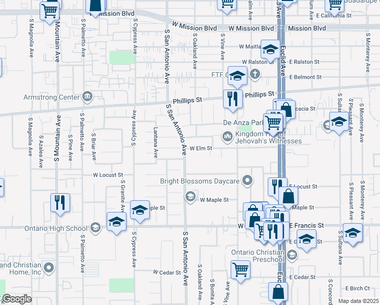 map of restaurants, bars, coffee shops, grocery stores, and more near 555 West Elm Street in Ontario