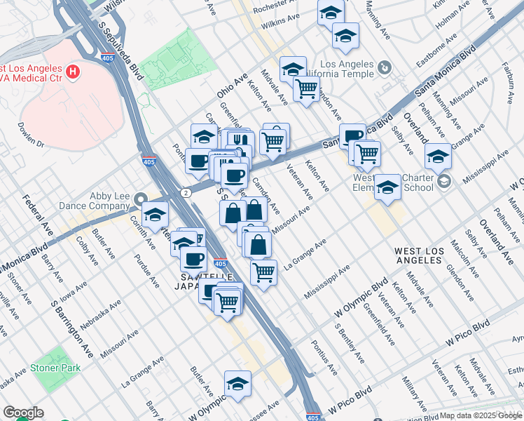 map of restaurants, bars, coffee shops, grocery stores, and more near 1820 South Bentley Avenue in Los Angeles