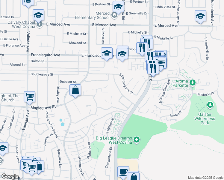 map of restaurants, bars, coffee shops, grocery stores, and more near 1708 Varilla Drive in West Covina