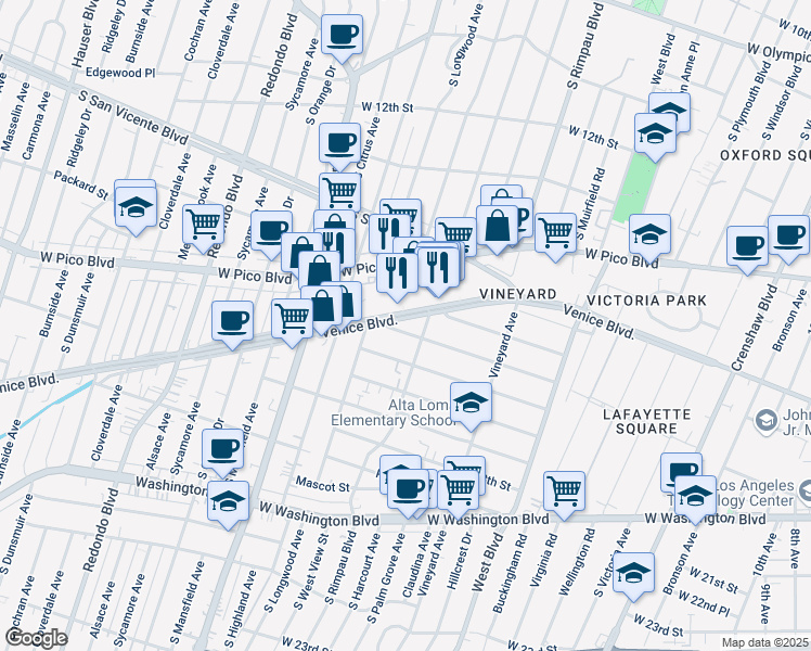 map of restaurants, bars, coffee shops, grocery stores, and more near 1655 South Rimpau Boulevard in Los Angeles