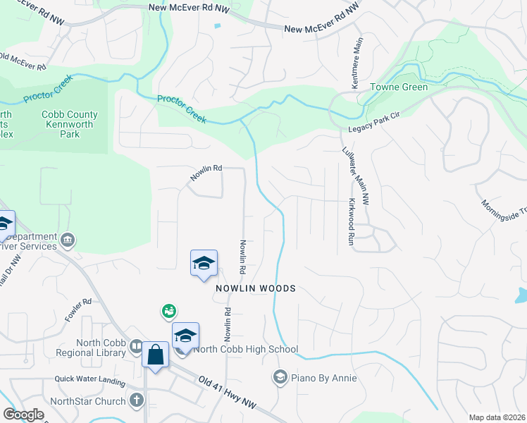 map of restaurants, bars, coffee shops, grocery stores, and more near 3104 Kirkwood Drive Northwest in Kennesaw