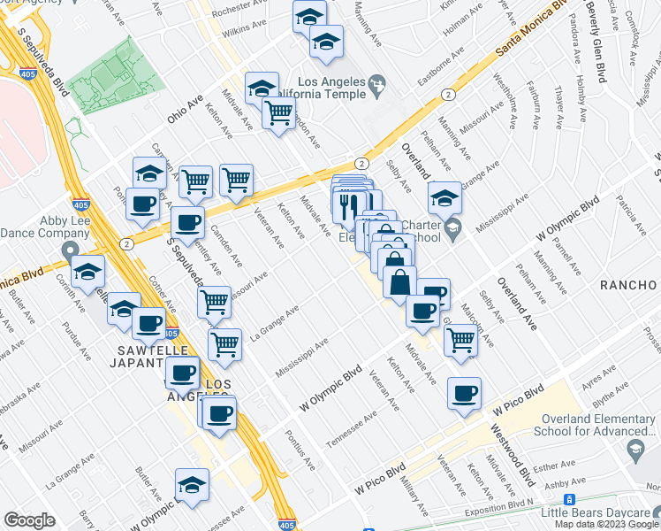 map of restaurants, bars, coffee shops, grocery stores, and more near 1940 Kelton Avenue in Los Angeles