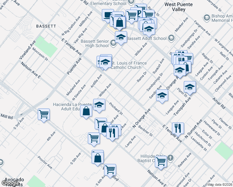 map of restaurants, bars, coffee shops, grocery stores, and more near 513 Rama Drive in La Puente