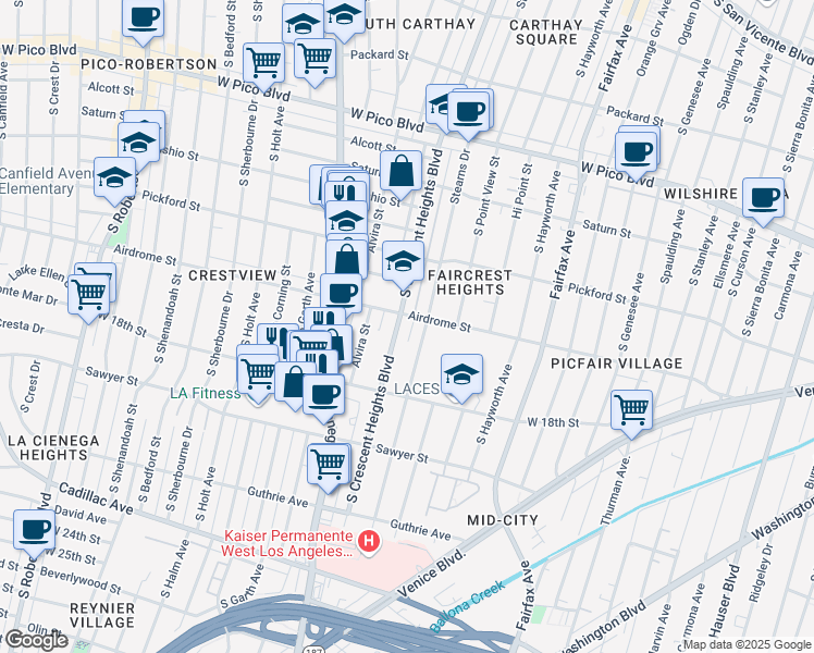 map of restaurants, bars, coffee shops, grocery stores, and more near 1706 South Crescent Heights Boulevard in Los Angeles