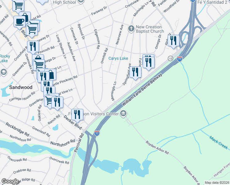 map of restaurants, bars, coffee shops, grocery stores, and more near 1602 Morninglo Lane in Columbia