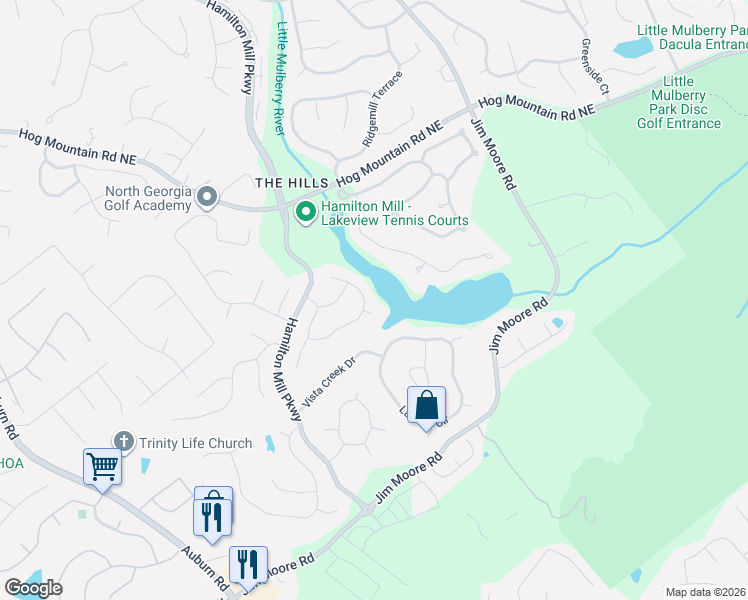 map of restaurants, bars, coffee shops, grocery stores, and more near 3413 Mill Place Court in Dacula