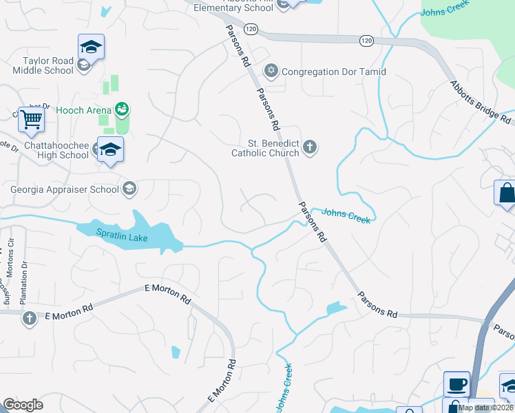 map of restaurants, bars, coffee shops, grocery stores, and more near 10645 Thatcher Way in Duluth