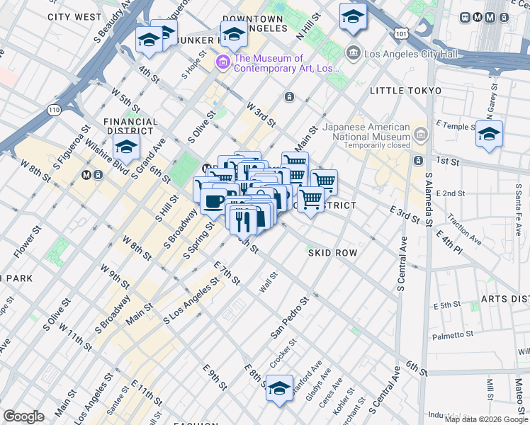 map of restaurants, bars, coffee shops, grocery stores, and more near 116 East 5th Street in Los Angeles