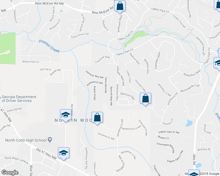 map of restaurants, bars, coffee shops, grocery stores, and more near 3629 Bancroft Main Northwest in Kennesaw