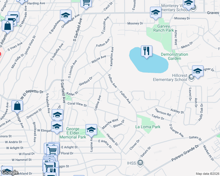 map of restaurants, bars, coffee shops, grocery stores, and more near 1600 Trumbower Avenue in Monterey Park
