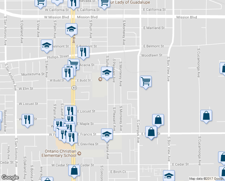 map of restaurants, bars, coffee shops, grocery stores, and more near 1512 South Pleasant Avenue in Ontario