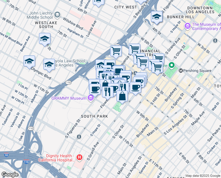 map of restaurants, bars, coffee shops, grocery stores, and more near 705 West 9th Street in Los Angeles
