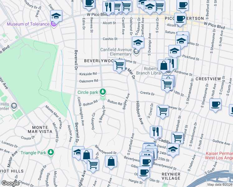 map of restaurants, bars, coffee shops, grocery stores, and more near 9343 Sawyer Street in Los Angeles