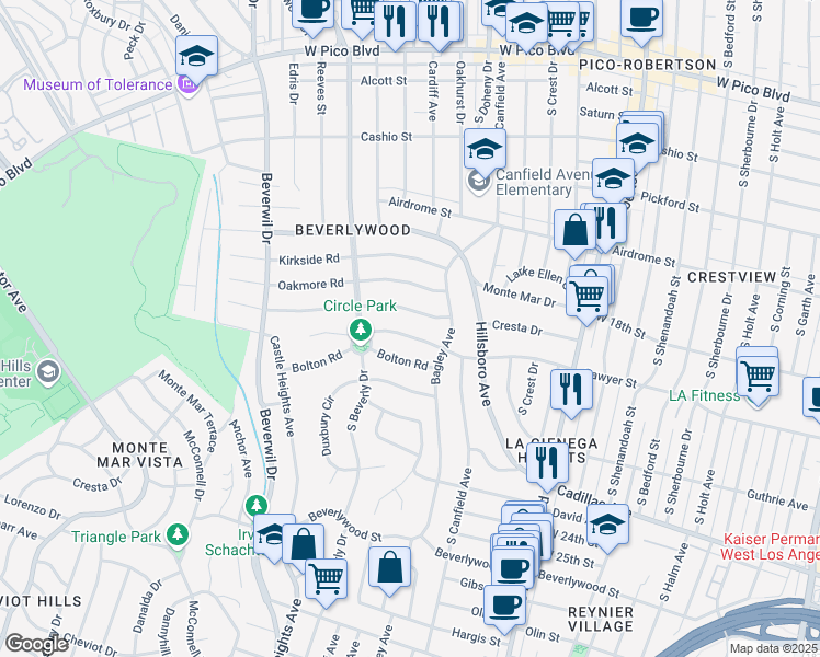 map of restaurants, bars, coffee shops, grocery stores, and more near 9343 Sawyer Street in Los Angeles
