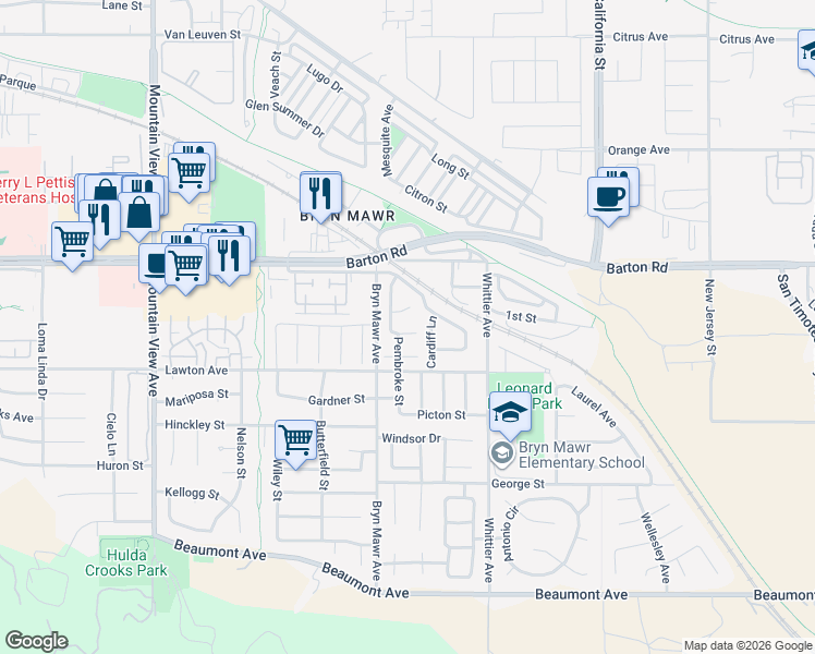 map of restaurants, bars, coffee shops, grocery stores, and more near 26152 Wallack Place in Loma Linda