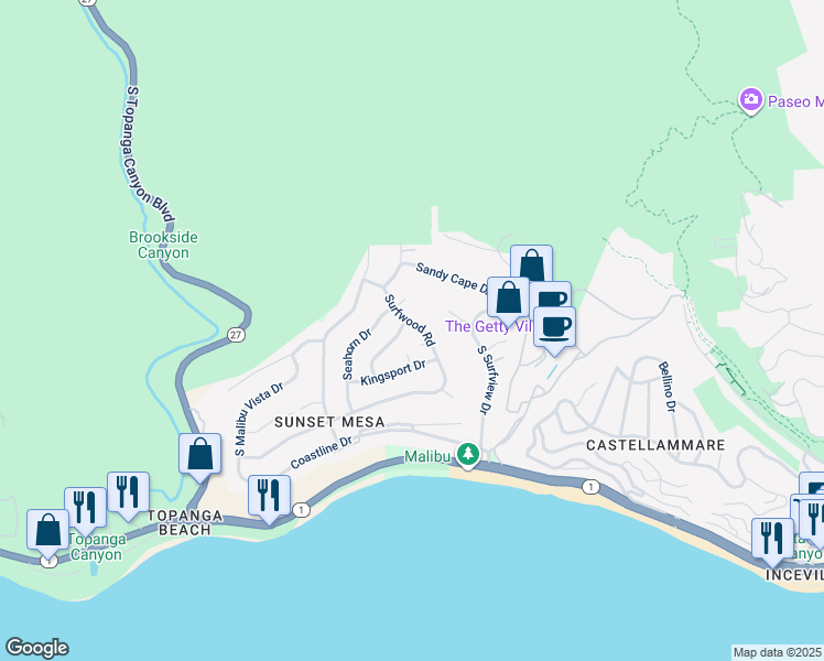 map of restaurants, bars, coffee shops, grocery stores, and more near 3631 Surfwood Road in Malibu