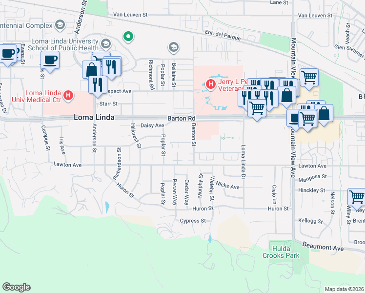 map of restaurants, bars, coffee shops, grocery stores, and more near 11430 Benton Street in Loma Linda