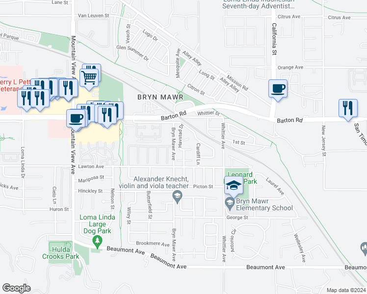 map of restaurants, bars, coffee shops, grocery stores, and more near 26138 Wallack Place in Loma Linda