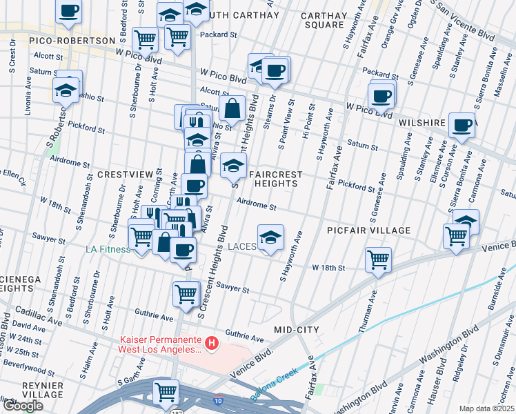 map of restaurants, bars, coffee shops, grocery stores, and more near 5986 Airdrome Street in Los Angeles