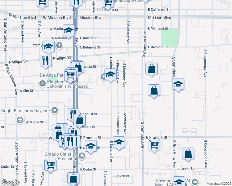 map of restaurants, bars, coffee shops, grocery stores, and more near 1512 South Pleasant Avenue in Ontario