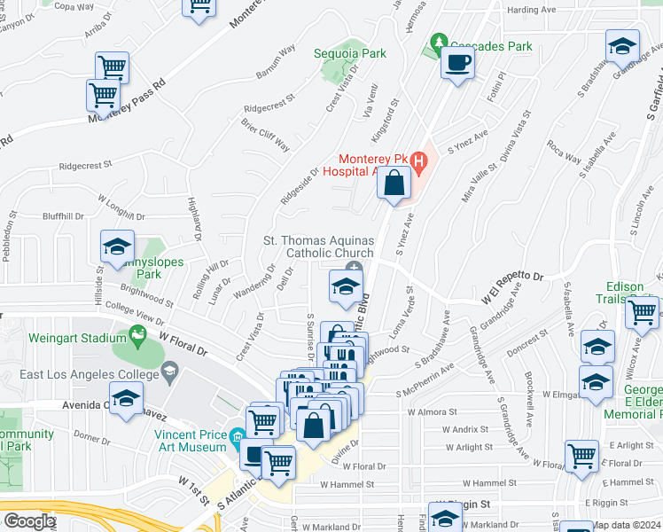 map of restaurants, bars, coffee shops, grocery stores, and more near 1480 South Sunrise Drive in Monterey Park