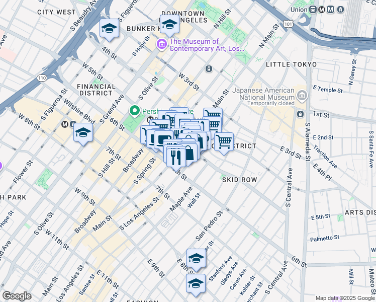 map of restaurants, bars, coffee shops, grocery stores, and more near 500s South Los Angeles Street in Los Angeles