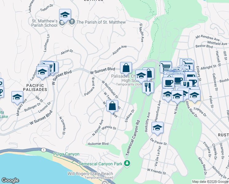 map of restaurants, bars, coffee shops, grocery stores, and more near 16021 West Northfield Street in Los Angeles