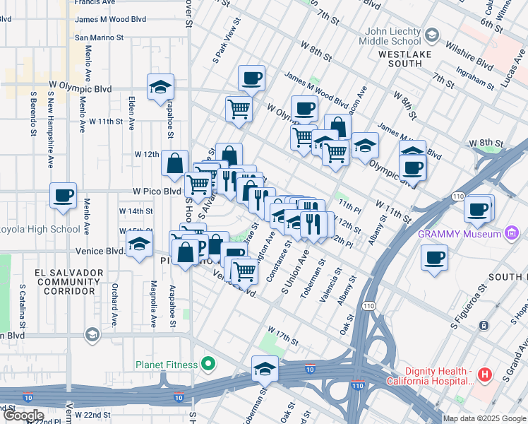 map of restaurants, bars, coffee shops, grocery stores, and more near 1833 West Pico Boulevard in Los Angeles