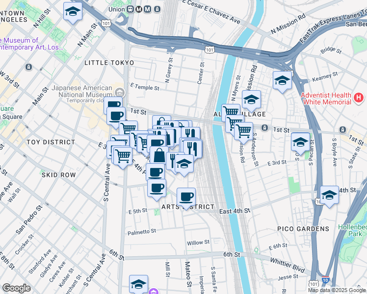 map of restaurants, bars, coffee shops, grocery stores, and more near 960 East 3rd Street in Los Angeles