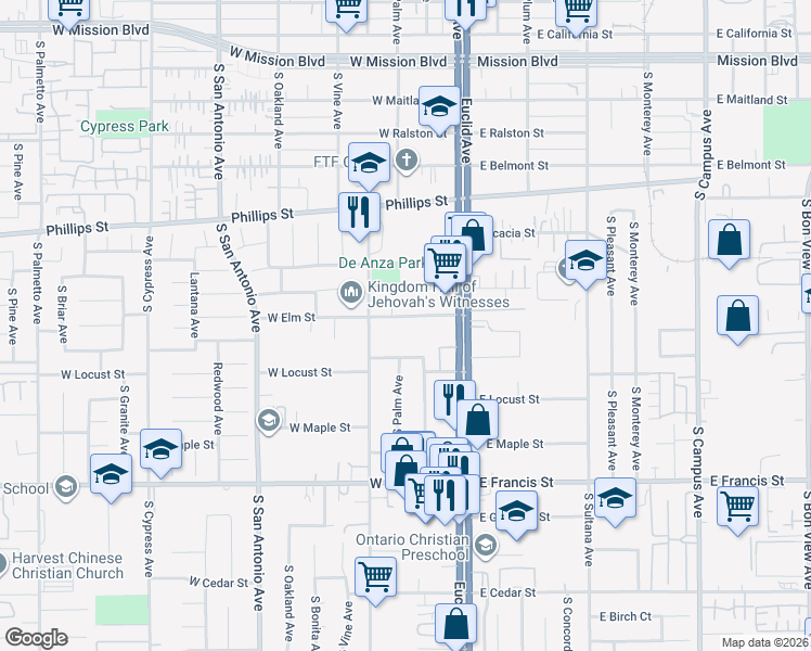 map of restaurants, bars, coffee shops, grocery stores, and more near 202 West Locust Street in Ontario