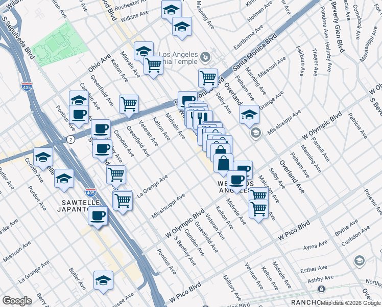 map of restaurants, bars, coffee shops, grocery stores, and more near 1951 Midvale Avenue in Los Angeles