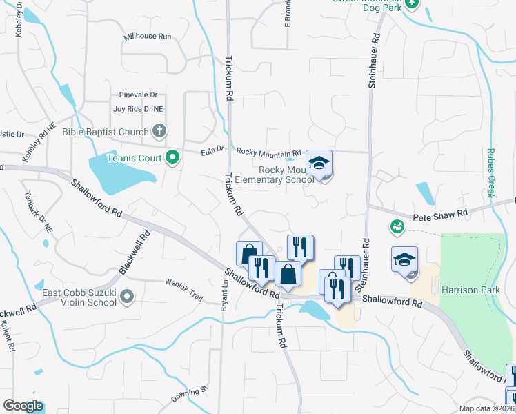 map of restaurants, bars, coffee shops, grocery stores, and more near 2273 Wickingham Drive Northeast in Marietta