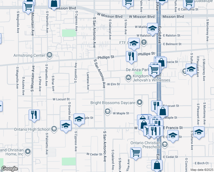 map of restaurants, bars, coffee shops, grocery stores, and more near 555 West Elm Street in Ontario