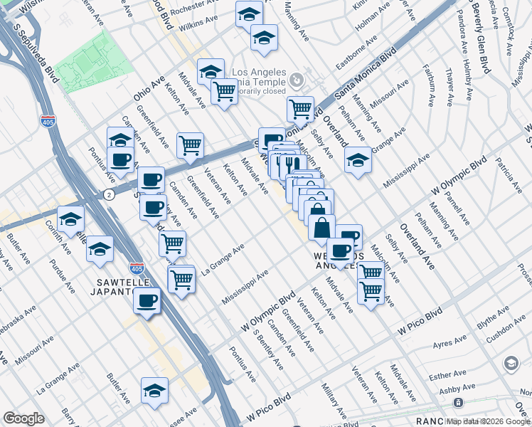 map of restaurants, bars, coffee shops, grocery stores, and more near 1940 Kelton Avenue in Los Angeles
