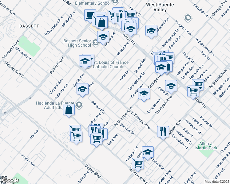 map of restaurants, bars, coffee shops, grocery stores, and more near 609 Sunkist Avenue in La Puente