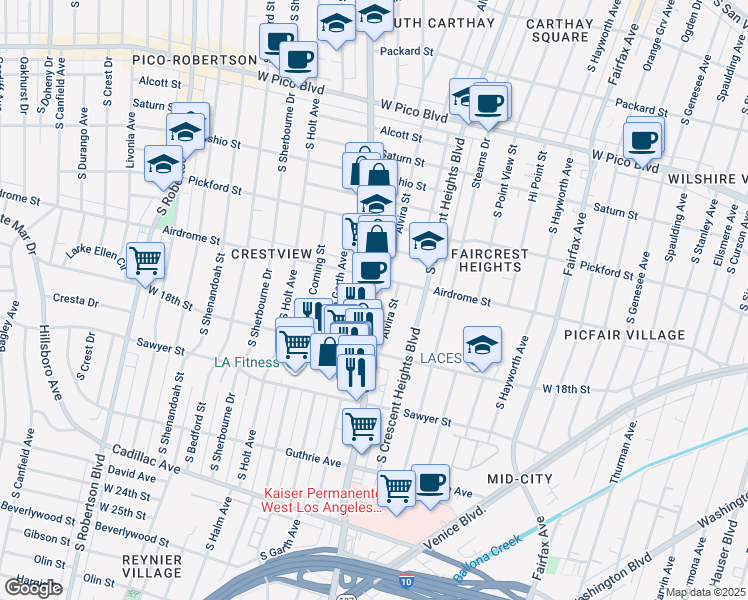 map of restaurants, bars, coffee shops, grocery stores, and more near 1753 Alvira Street in Los Angeles