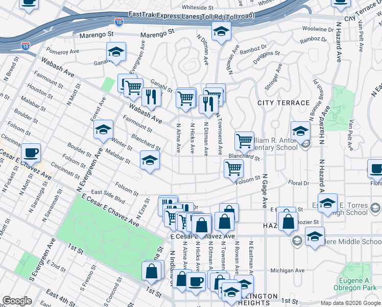 map of restaurants, bars, coffee shops, grocery stores, and more near 905 North Hicks Avenue in Los Angeles