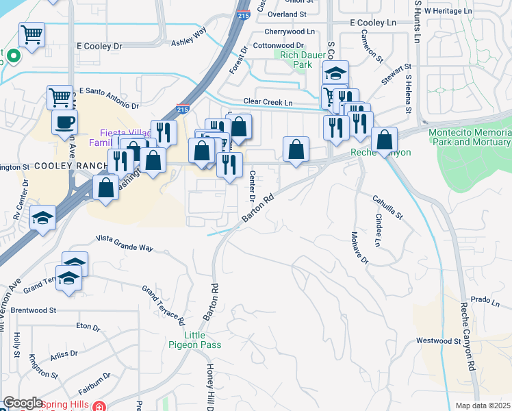 map of restaurants, bars, coffee shops, grocery stores, and more near Center Drive in Colton