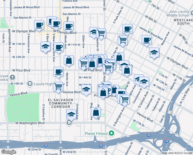 map of restaurants, bars, coffee shops, grocery stores, and more near 1333 Arapahoe Street in Los Angeles