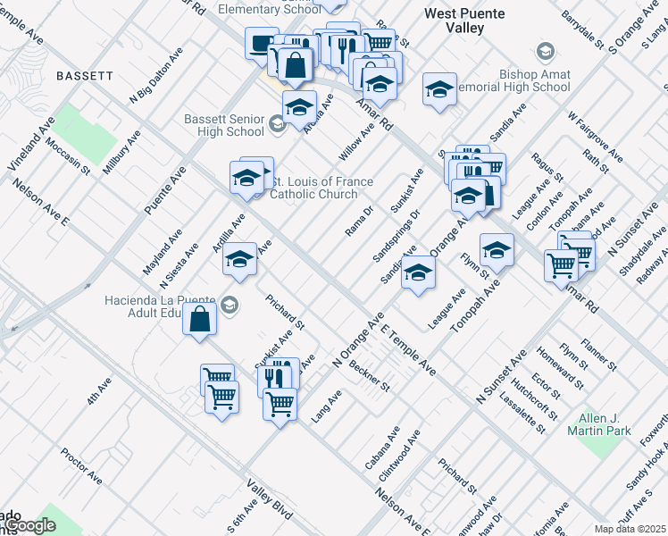 map of restaurants, bars, coffee shops, grocery stores, and more near 609 Sunkist Avenue in La Puente