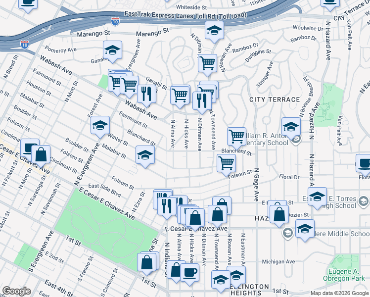 map of restaurants, bars, coffee shops, grocery stores, and more near 905 North Hicks Avenue in Los Angeles