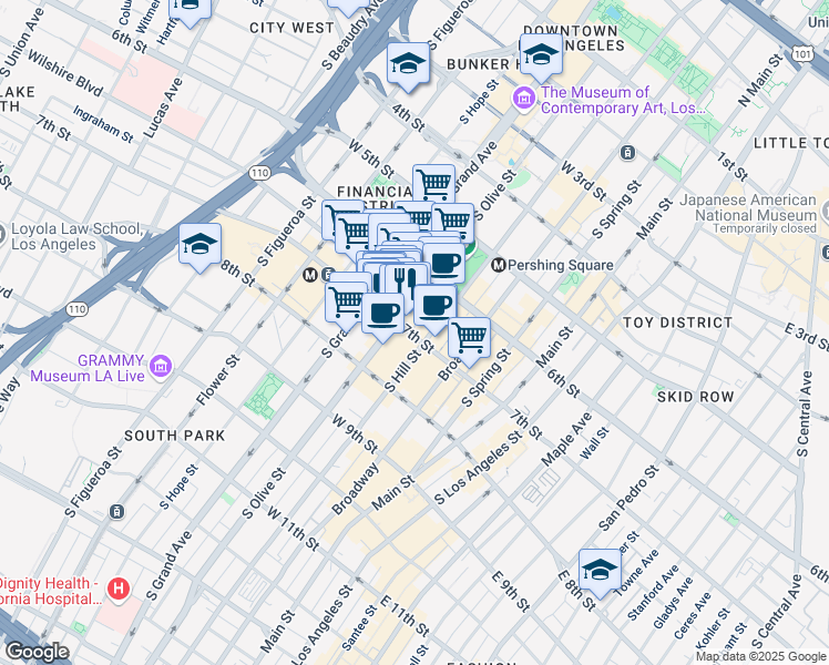 map of restaurants, bars, coffee shops, grocery stores, and more near 417 West 7th Street in Los Angeles