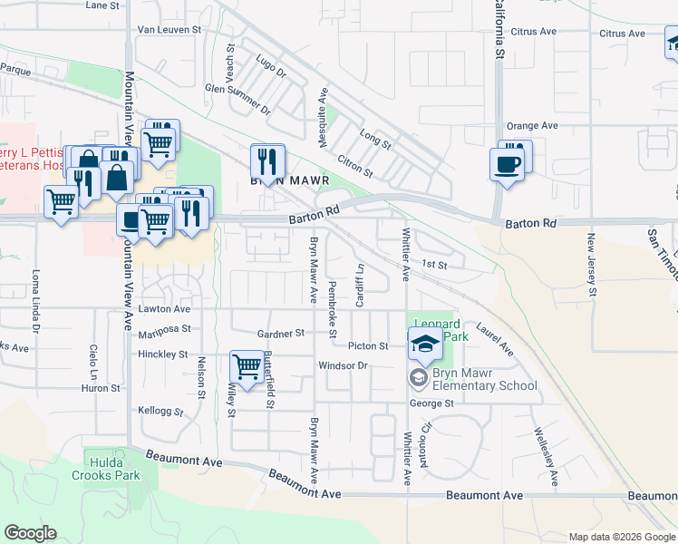 map of restaurants, bars, coffee shops, grocery stores, and more near 26152 Wallack Place in Loma Linda