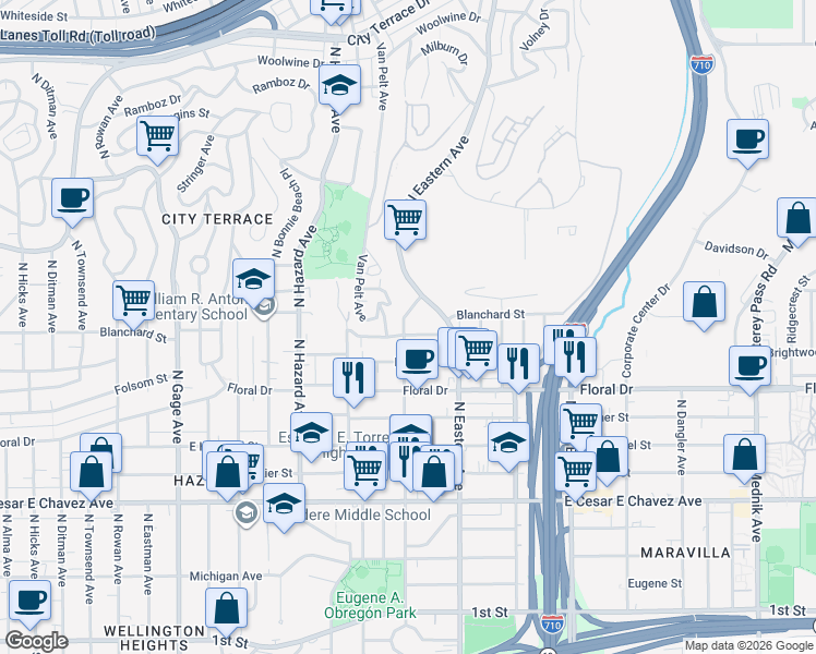 map of restaurants, bars, coffee shops, grocery stores, and more near 4205 Blanchard Street in Los Angeles
