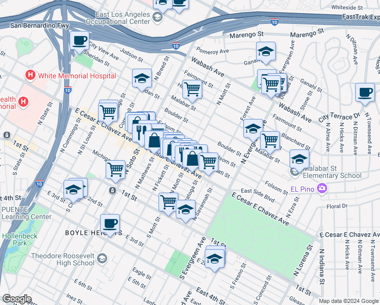 map of restaurants, bars, coffee shops, grocery stores, and more near 2557 Cincinnati Street in Los Angeles