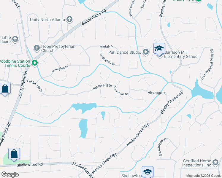 map of restaurants, bars, coffee shops, grocery stores, and more near 3627 Pebble Hill Drive in Marietta
