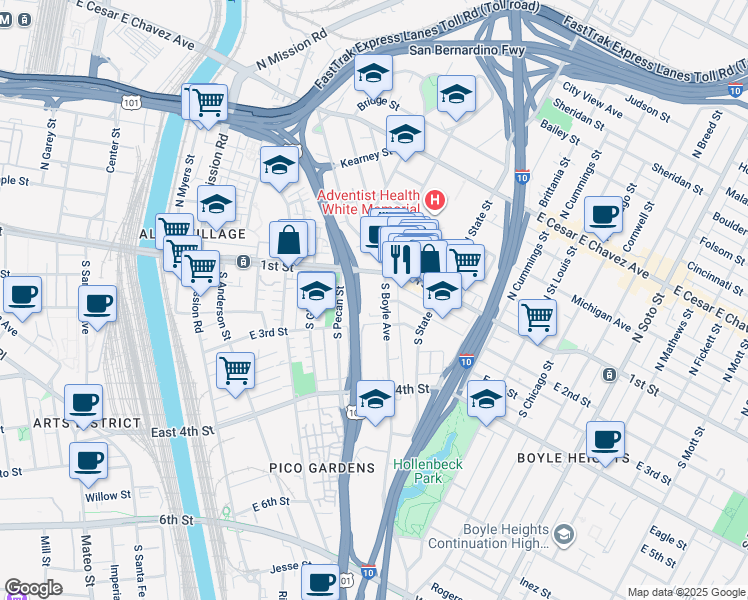 map of restaurants, bars, coffee shops, grocery stores, and more near 1726 East 1st Street in Los Angeles