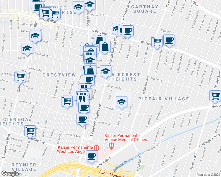 map of restaurants, bars, coffee shops, grocery stores, and more near 1705 Stearns Drive in Los Angeles
