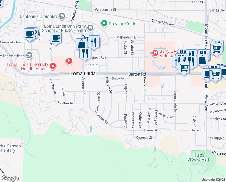 map of restaurants, bars, coffee shops, grocery stores, and more near 11441 Hillcrest Street in Loma Linda