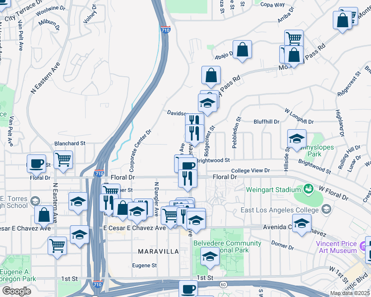 map of restaurants, bars, coffee shops, grocery stores, and more near 1396 Monterey Pass Road in Monterey Park